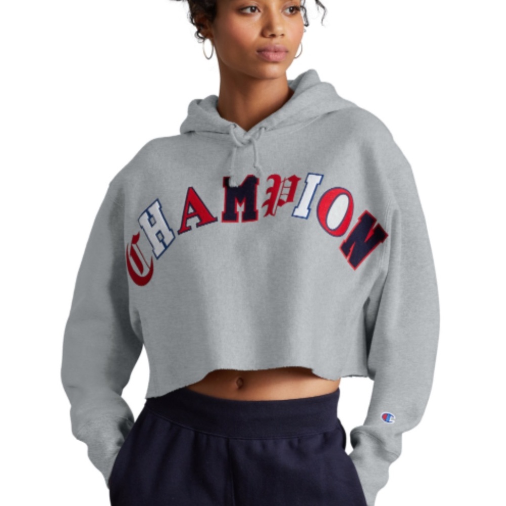 Champion Reverse Weave Cropped Hoodie Women L Gray‎ 3D Spellout Old English Boxy